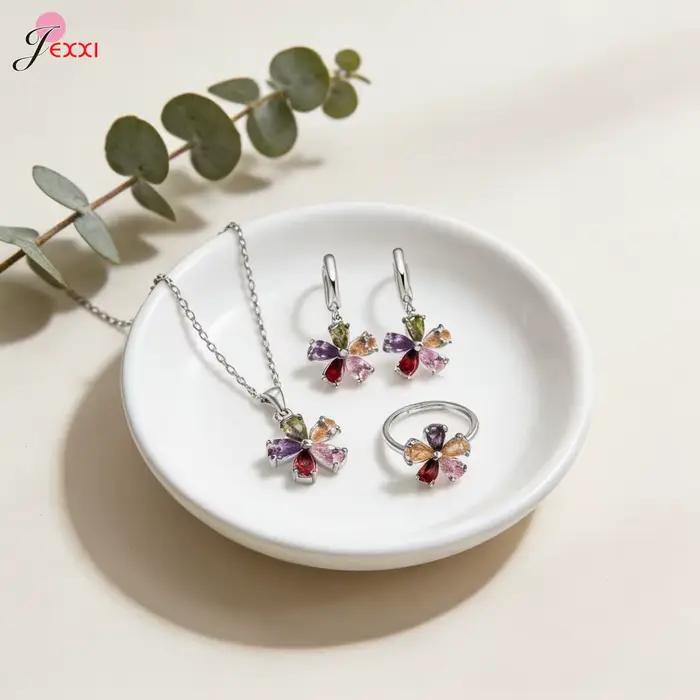 Parure de bijoux en argent sterling 925 véritable étincelante pour femme, motif floral arc-en-ciel,