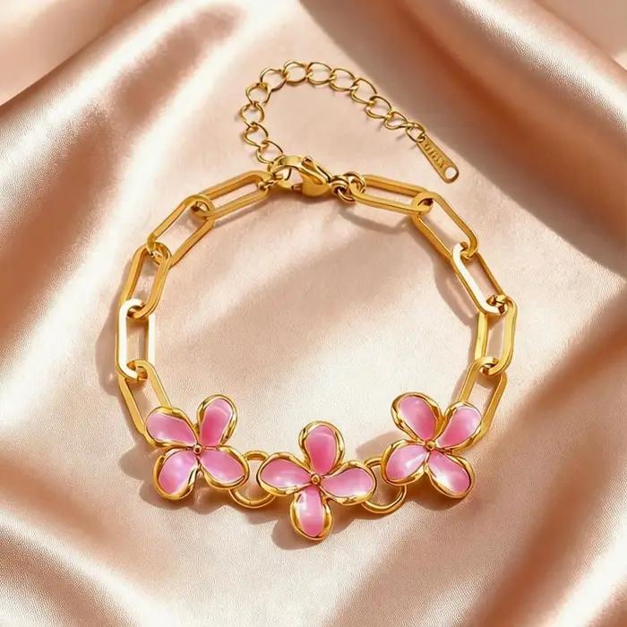 Bracelet Fleur Rose Émaillée Tendance pour Femme, en Acier Inoxydable, Bijou de Poignet Classique de