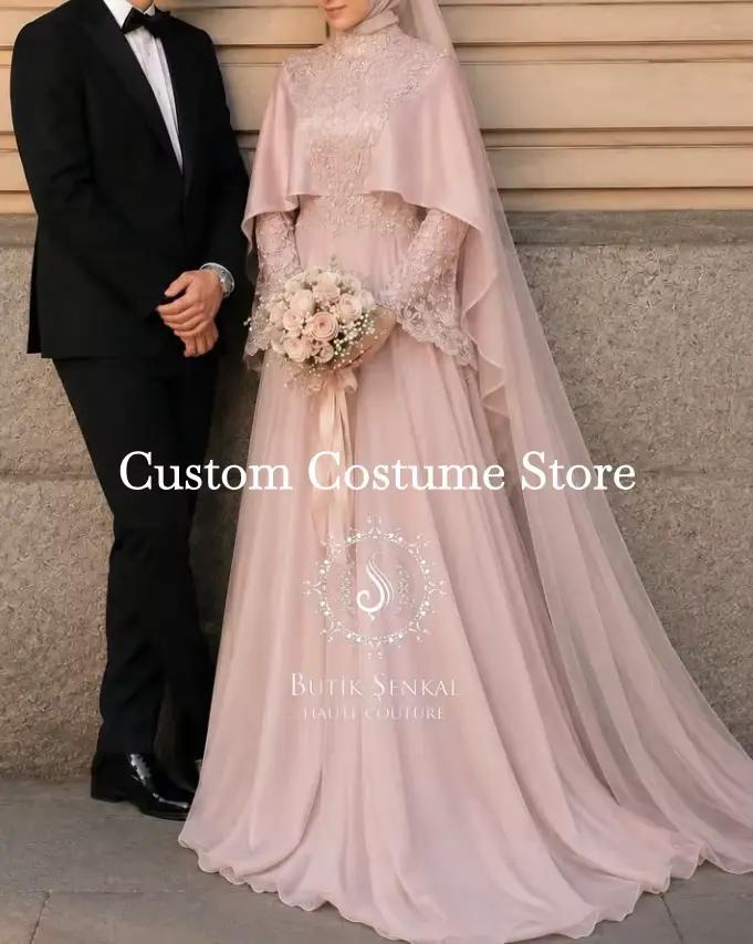 Robe de mariée musulmane rose Tesettür Gelinlik avec cape en dentelle à manches longues, hijab, robe