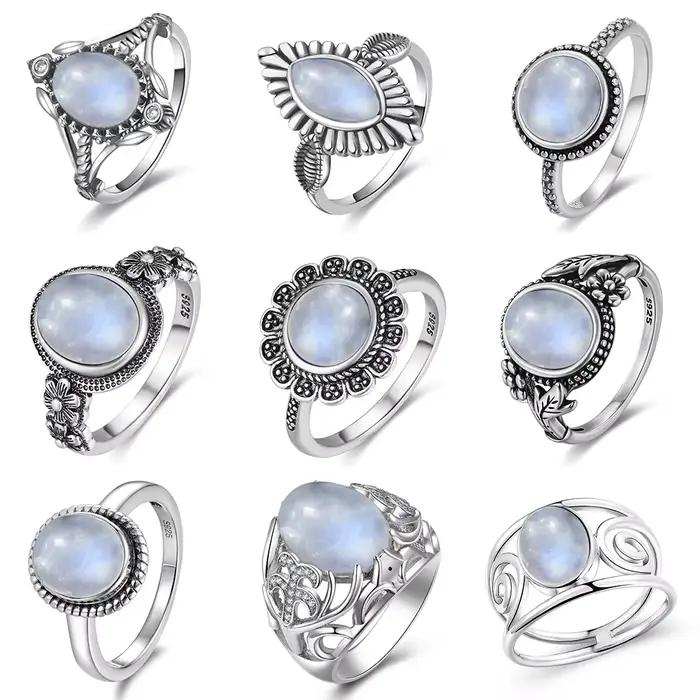 Bague Vintage en argent 925, pierre de lune naturelle, fleur, forme d'oeil creux, ronde, soleil et l