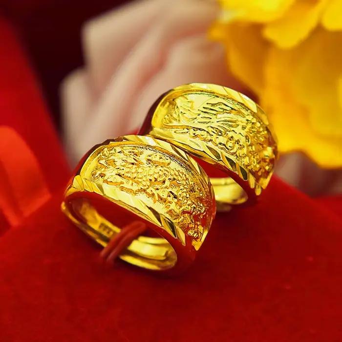 Bague ouverte en or 9999 Dragon et Phénix - Bague assortie pour couple pour bijoux de mariage