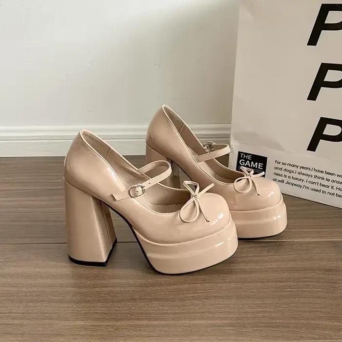 Chaussures à plateforme et talons hauts carrés pour femmes, chaussures Mary Jane à la mode avec nœud