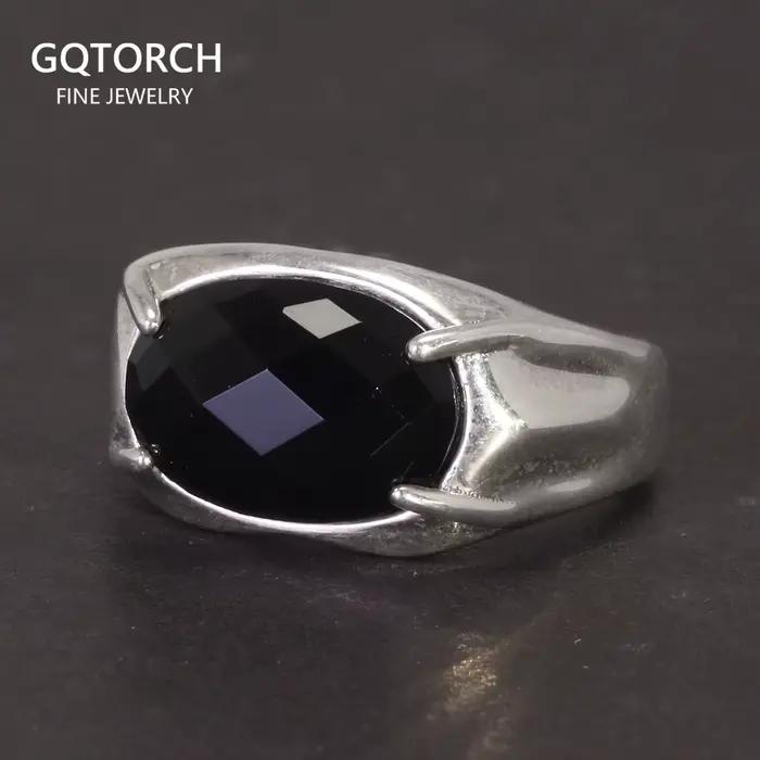 Group Pur 925 Bague En Argent Femmes et Hommes Pierre Naturelle Agate Noire Ovale À Facettes US6-10