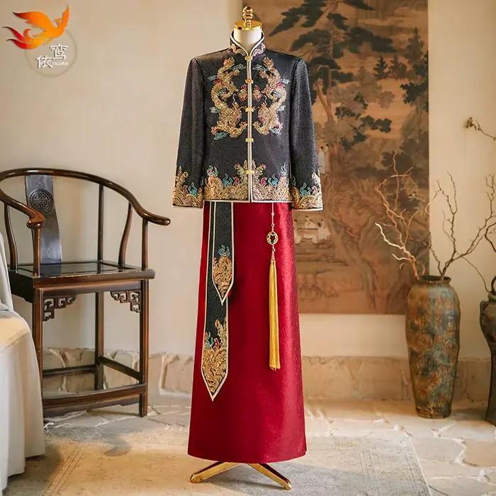 Costume de spectacle de mariage élégant pour hommes, vêtements de marié de Style chinois, manteau Dr