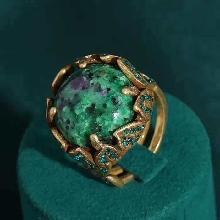 Accessoires Vintage bijoux bague verte pierre femme fiançailles strass couleur or laisser cadeau de