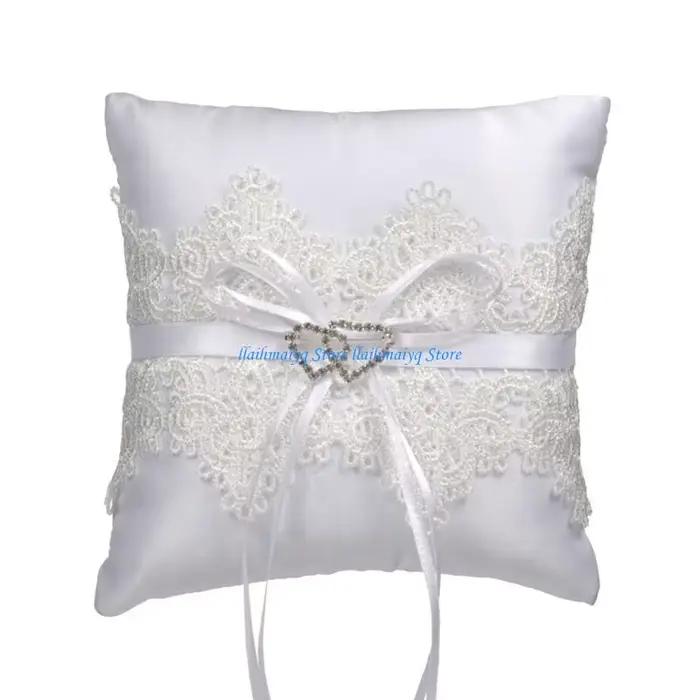 573b 15x15cm Anneaux Oreiller Western Wedding Props Bowknot Double Heart Rings Cushion