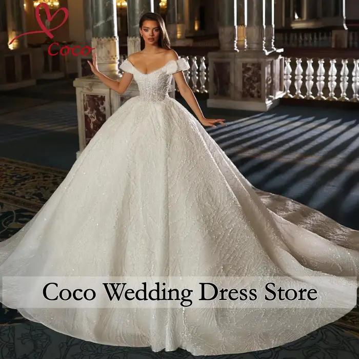 Robe de mariée personnalisée, robe de bal, épaules dénudées, sans manches, paillettes, perles, traîn
