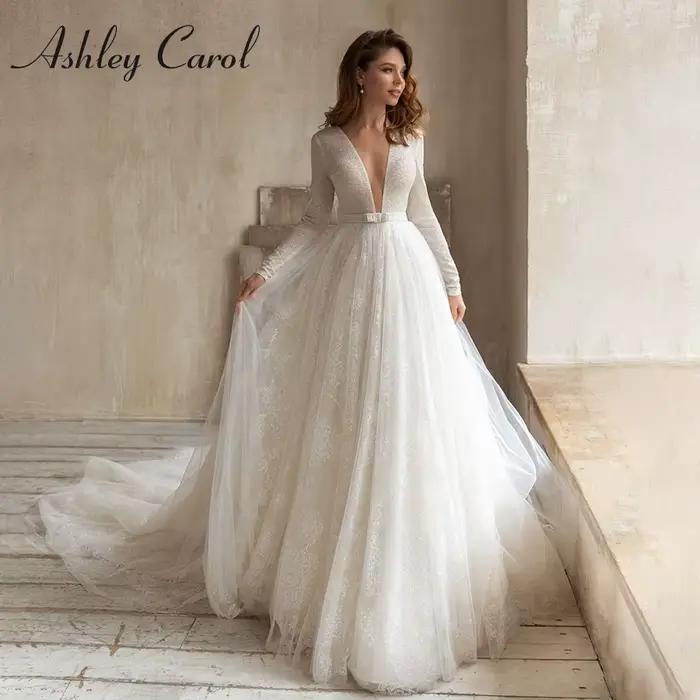 Ashley Carol-Robe de mariée en dentelle brillante à manches longues, robe de princesse A-Line, col e