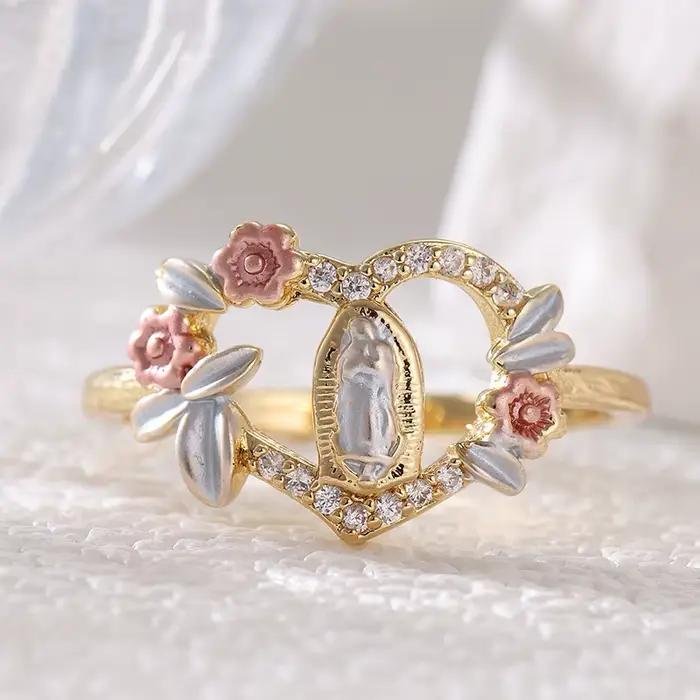 Bague en forme de cœur ajourée pour femmes, motif floral et relief de la Vierge Marie, bague exquise
