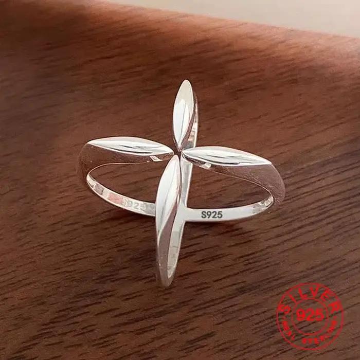 Bagues en argent Sterling 925 pour femmes, fleur géométrique, grand anneau minimaliste, bijoux cadea