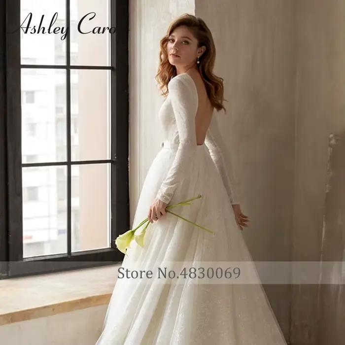 Ashley Carol-Robe de mariée en dentelle brillante à manches longues
