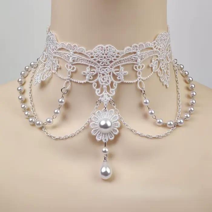 Ensemble de bijoux de mariage en perles blanches et dentelle plaquée argent rhodium imitation pour femmes occasions spéciales