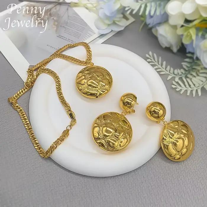 Ensemble de bijoux plaqué or 18 carats avec pendentif rond pour femme