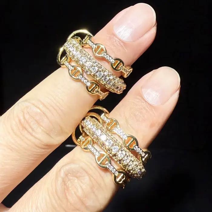 Bague empilable multicouche pour femmes, pavé scintillant, CZ géométrique, doigt complet, mode luxe, bijoux de doigt de mariage