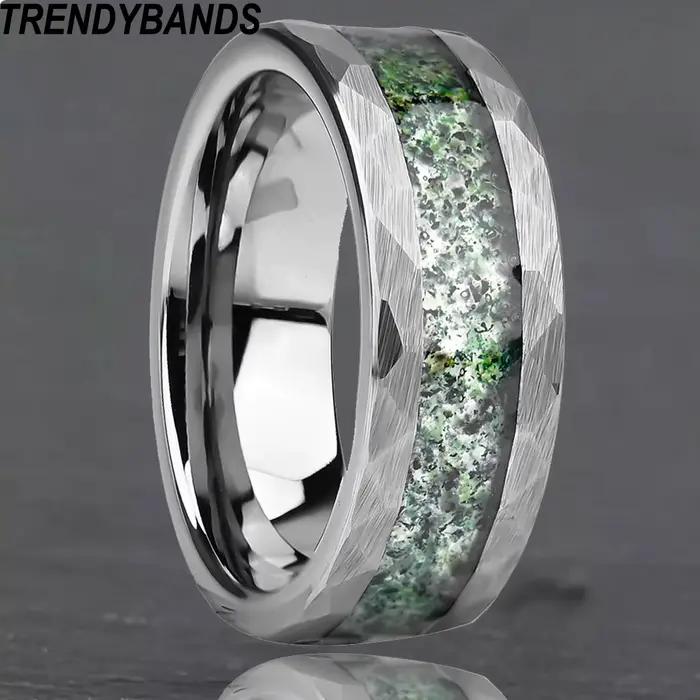 Bague en carbure de tungstène martelé de 8 mm pour homme et femme, avec incrustation de pierre d'agate, bijoux de mode, ajustement confortable