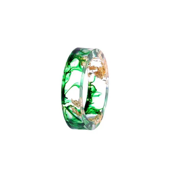 Bague Femme en Résine Transparente Hypoallergénique 5,7mm, Épaisseur 2mm avec Effet Feuille Dorée, Bijou Mode