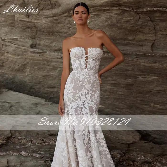 Robes de mariée sirène en dentelle sans bretelles personnalisées Lhuillier