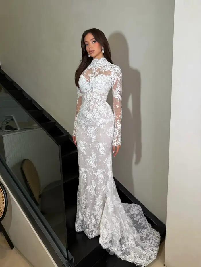 Robe de mariée sirène à col montant et manches longues, entièrement en dentelle florale, avec décolleté illusion cœur et traîne courte, sur mesure, Vestido De Novia