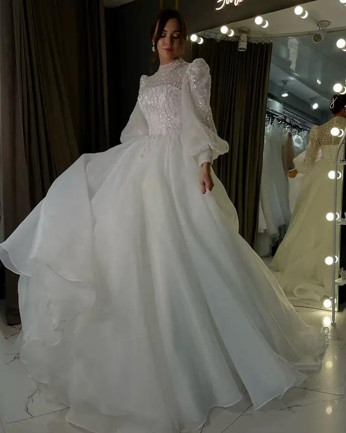 Vintage col haut manches longues superbes robes De mariée en Organza perlé balayage Train sur mesure Vestido De Noival personnalisé