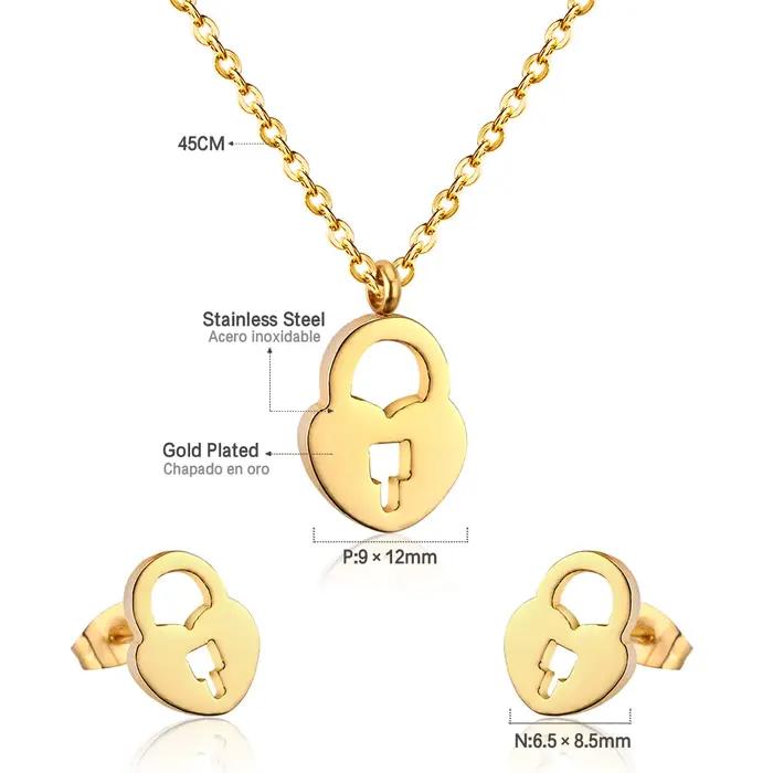 Ensemble de bijoux de mariage LUXUSTEEL collier verrouillant et boucles d'oreilles dorées pour femmes occasions spéciales