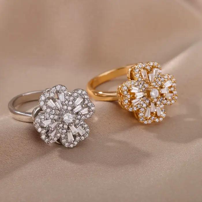 Bague de mariage rotative en acier inoxydable sertie de zircone cubique avec motif de cœur et de trèfles pour femmes occasions spéciales mariage