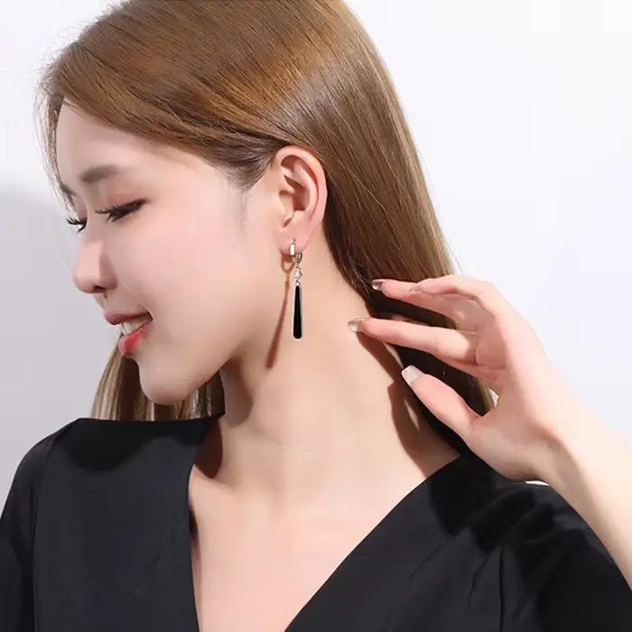 Boucles d'oreilles géométriques noires pour femmes bijoux de fête en argent sterling 925 et zircon pour mariage fête anniversaire valentin noël