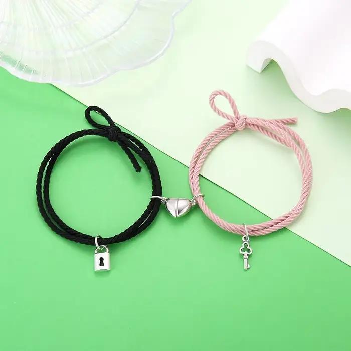 Aimant Couple Bracelets pour amoureux serrure coeur Bracelet magnétique pour femmes hommes tressé corde poignet chaîne minimaliste bijoux cadeau