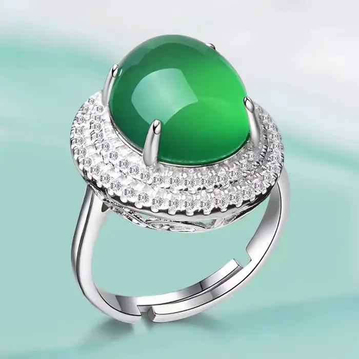 Bagues ovales en argent incrusté de glace naturelle chrysoprase pour femmes