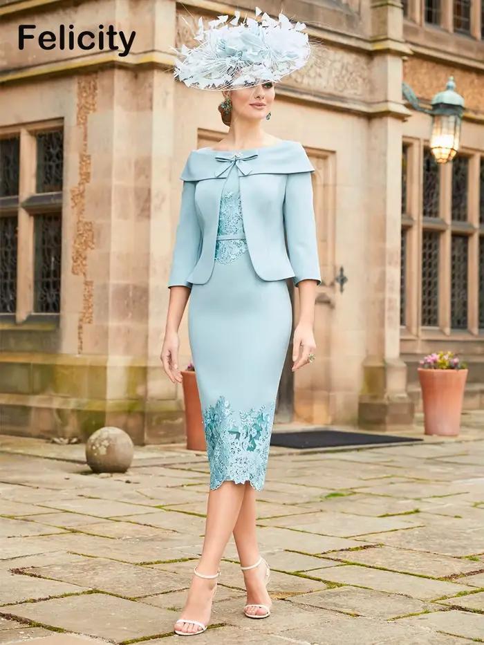 Robe de mère de la mariée exquise avec veste, gaine et nœud appliqué personnalisé pour occasions spéciales et cérémonies de mariage