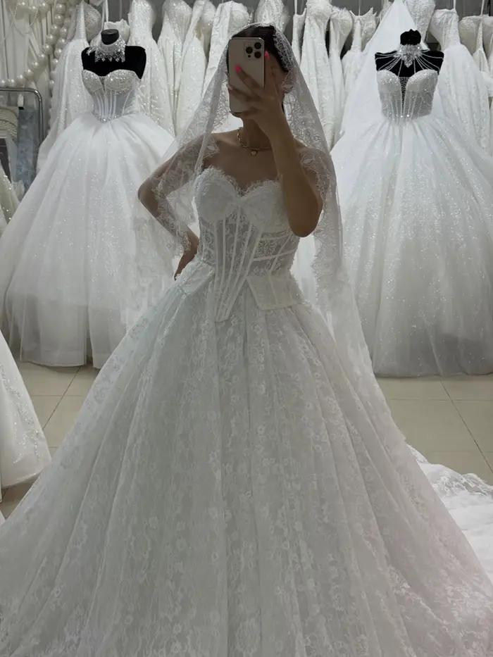Robe de mariée de luxe en dentelle avec corset, robe de bal à col cœur, robe de mariée sur mesure, Vestido De Novia
