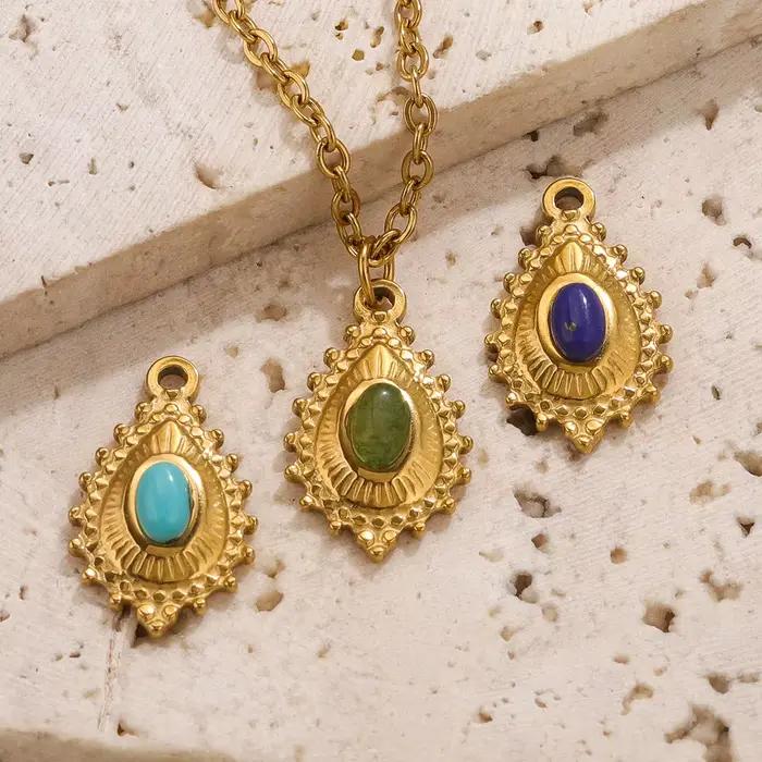 Perles d'espacement ovales en forme de goutte en acier inoxydable, turquoise naturelle, breloque vintage exquise, accessoires de bijoux à bricoler soi-même, 5 pièces