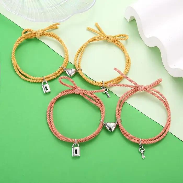 Aimant Couple Bracelets pour amoureux serrure coeur Bracelet magnétique pour femmes hommes tressé corde poignet chaîne minimaliste bijoux cadeau
