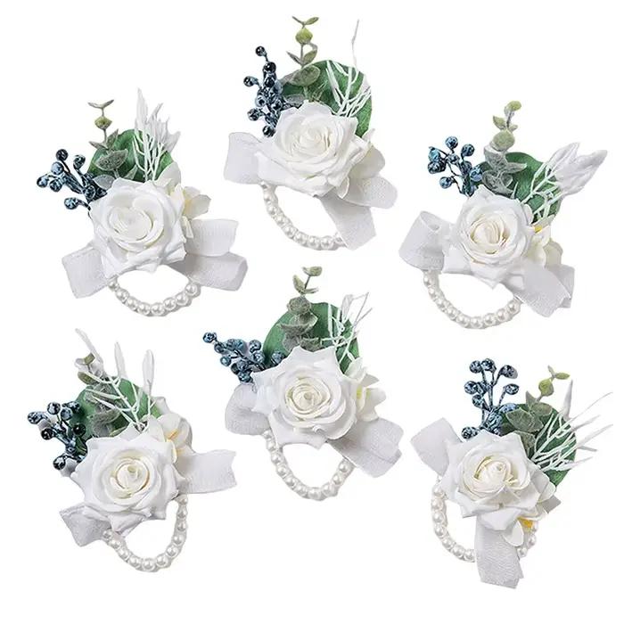 Boutonnière pour hommes, 6 pièces, accessoires de bal de mariage, Corsage de poignet, fleurs artificielles, décoration de cérémonie de remise de diplôme