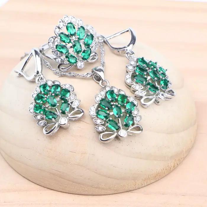 Parure de bijoux de mariée en argent 925 pour femme, avec zircone verte, comprenant boucles d'oreilles, bagues et collier pendentif