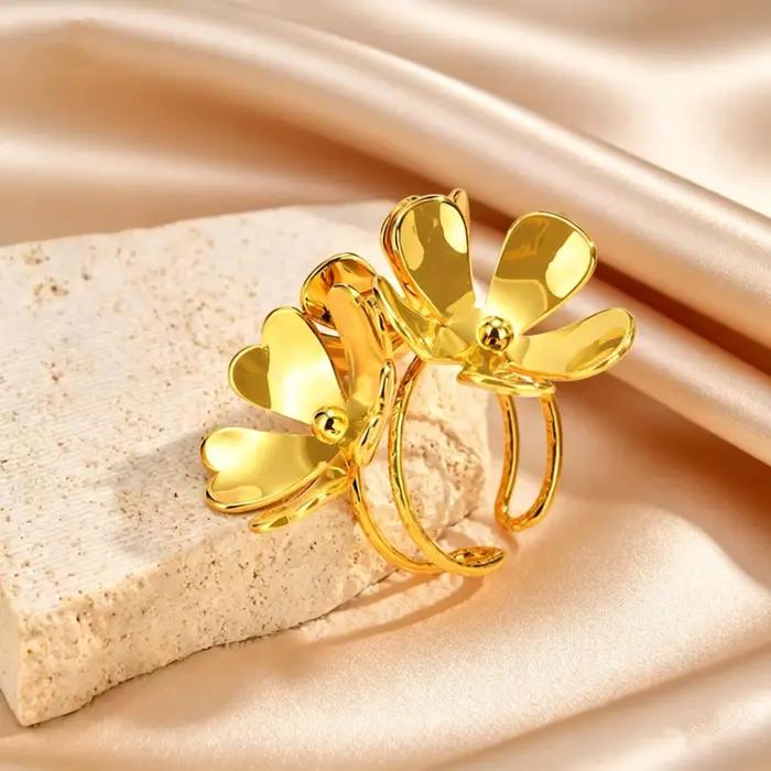 Bagues uniques à grandes fleurs exagérées pour femmes, couleur or, en acier inoxydable, bague ouverte personnalisée, bijoux esthétiques tendance, cadeau