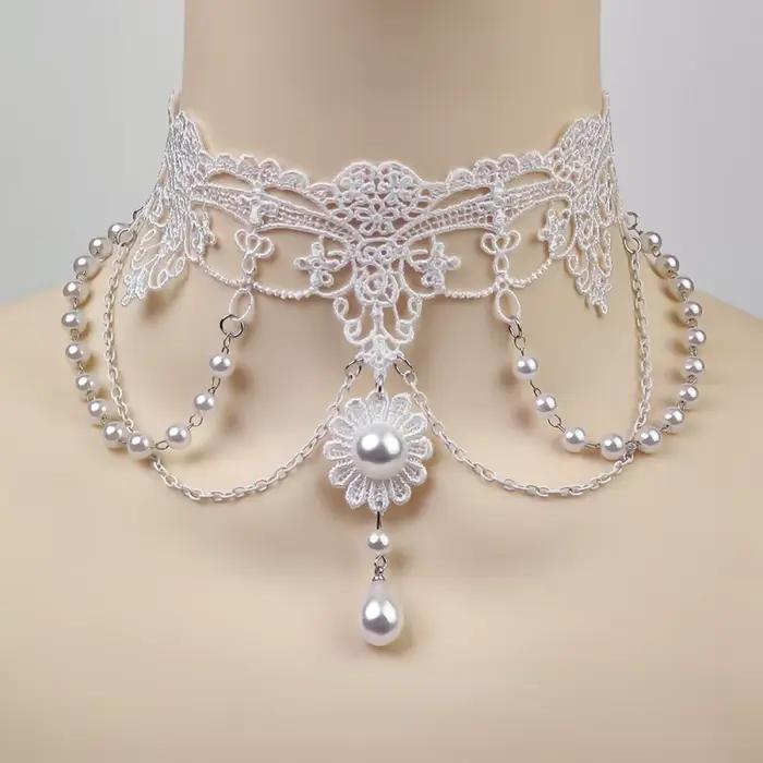 Ensemble de bijoux de mariage en perles blanches et dentelle plaquée argent rhodium imitation pour femmes occasions spéciales