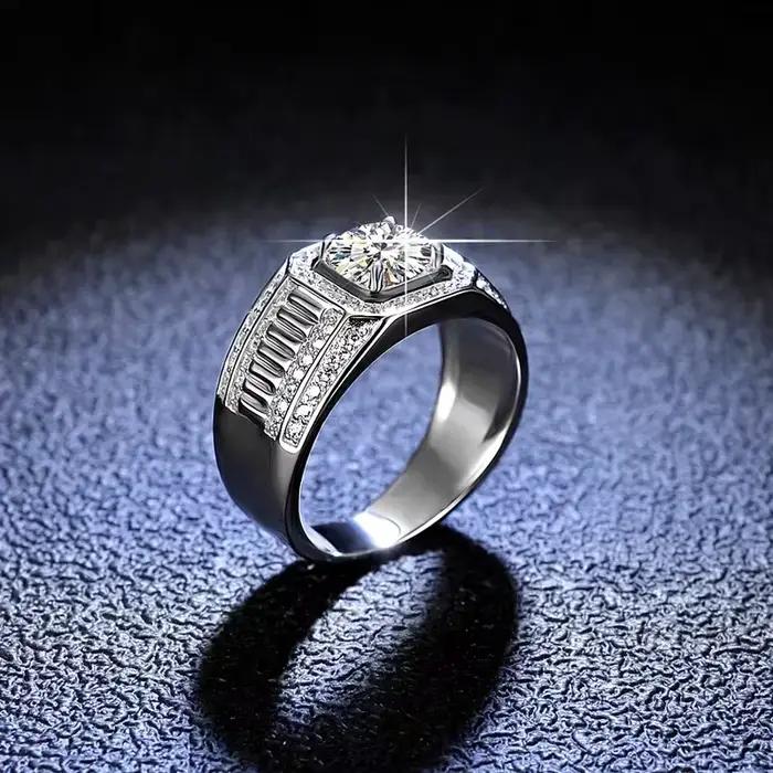 Bague en or blanc platine PT950 haut de gamme ShinyGold pour homme, 1 carat de moissanite couleur D VVS, certifiée GRA, idéale pour les mariages