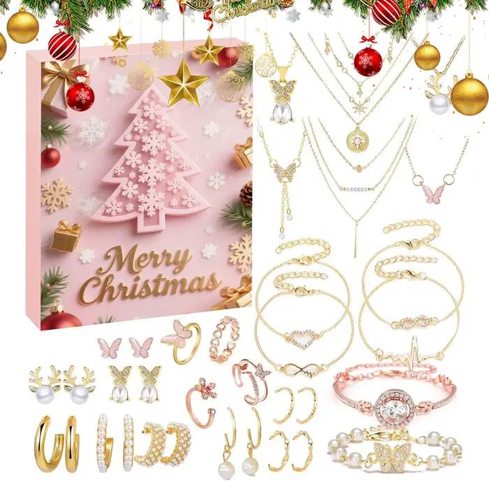 Calendrier de bijoux de Noël Advient 24 jours 2025, ensemble de bracelets et boucles d'oreilles pour filles, calendrier de vacances pour femmes et filles