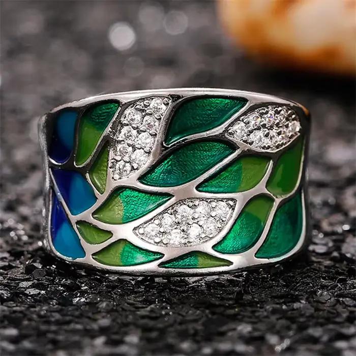 Huitan – bague en émail feuille verte de style bohémien pour femmes