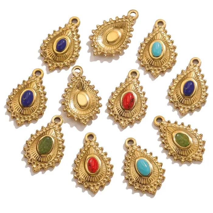 Perles d'espacement ovales en forme de goutte en acier inoxydable, turquoise naturelle, breloque vintage exquise, accessoires de bijoux à bricoler soi-même, 5 pièces