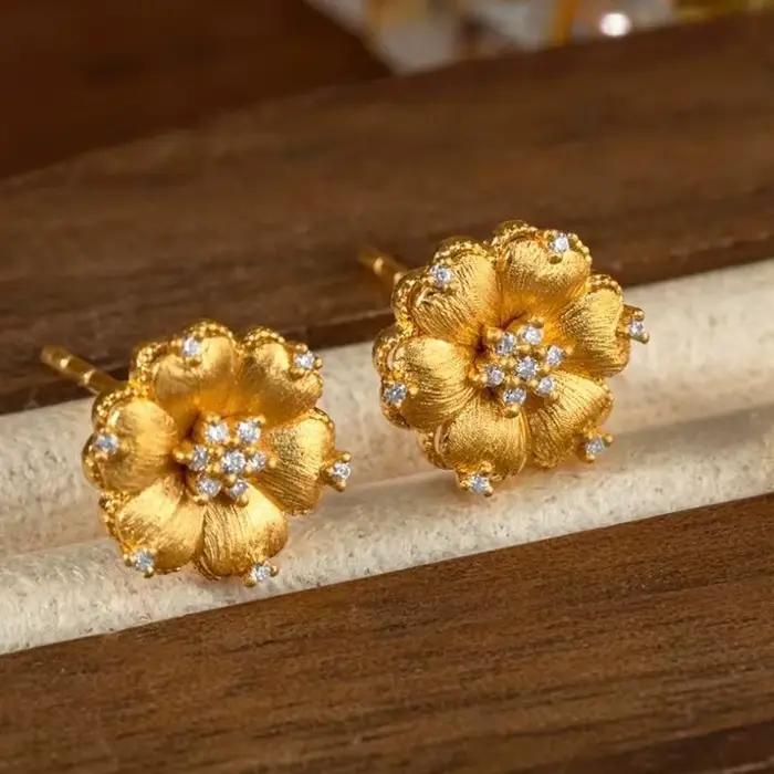 Luxueux brillant fleur collier boucle d'oreille romantique pétales de soie ensemble de bijoux brossé artisanat Zircon