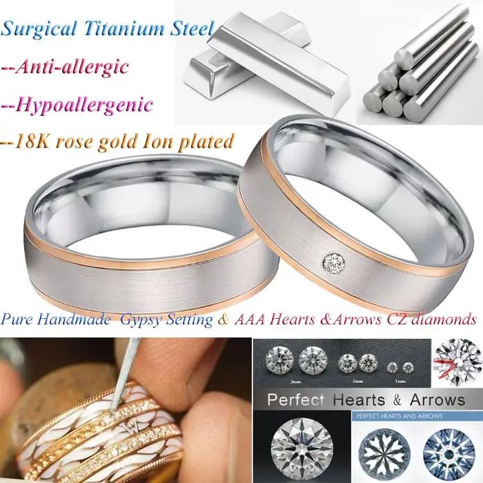 Alliances de mariage classiques en acier inoxydable plaqué or rose serties de zirconium blanc pour couples occasions spéciales mariage anniversaire