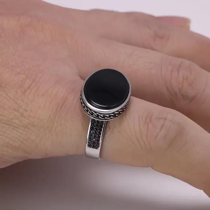 Bague en argent sterling 925 sertie d'onyx et agate pour homme et femme, alliance de mariage vintage avec pierre noire micro-pavée pour occasions spéciales