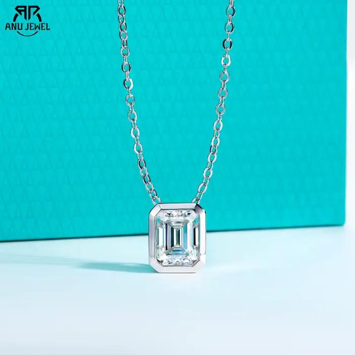 AnuJewel 0.6ct/1ct/2ct/3ct D couleur émeraude coupe Moissanite lunette pendentif collier 925 bijoux en argent Sterling cadeaux pour les femmes