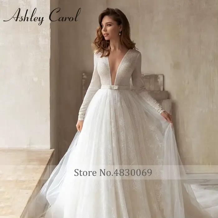 Ashley Carol-Robe de mariée en dentelle brillante à manches longues