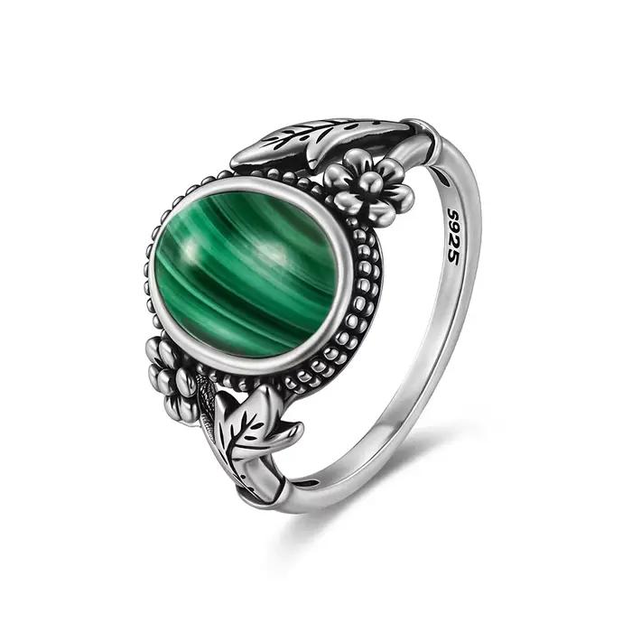 Bague vintage en argent sterling S925 avec malachite naturelle, design rétro et élégant pour femmes et hommes, idéal pour soirées, mariages et célébrations familiales