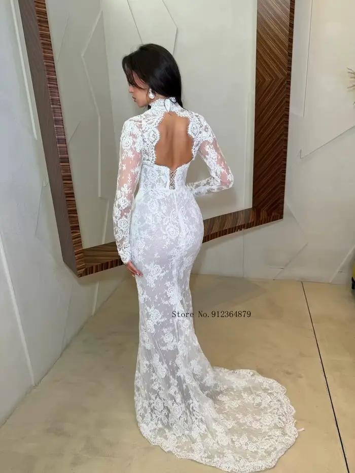 Robe de mariée sirène à col montant et manches longues, entièrement en dentelle florale, avec décolleté illusion cœur et traîne courte, sur mesure, Vestido De Novia