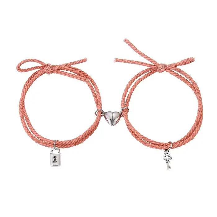 Aimant Couple Bracelets pour amoureux serrure coeur Bracelet magnétique pour femmes hommes tressé corde poignet chaîne minimaliste bijoux cadeau