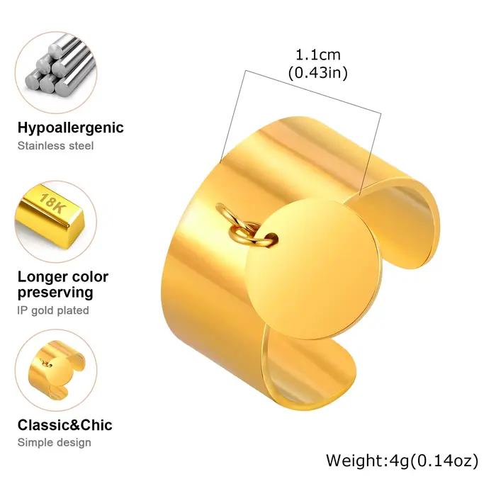 Bague ouverte minimaliste en acier inoxydable avec pendentif rond plaqué or 18 carats, bague large à breloque pour femmes, bijou de luxe pour occasions spéciales