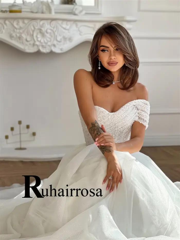 Ruhair gracieuse robe De mariée pour les femmes perles une épaule a-ligne à lacets Tulle robes De Novia Brautmode personnalisé